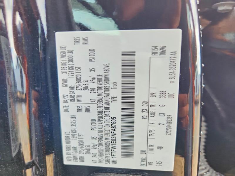 2022 Ford F150 მანქანა იყიდება აუქციონზე, vin: 1FTFW1E83NFA87605, აუქციონის ნომერი: 60675096