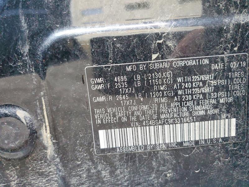 2019 Subaru Outback მანქანა იყიდება აუქციონზე, vin: 4S4BSAFC9K3316651, აუქციონის ნომერი: 61203856