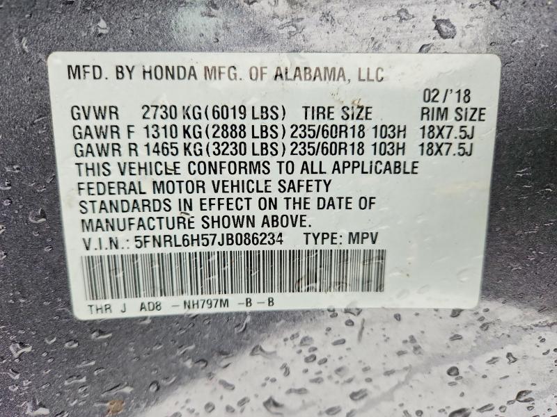 59194696 :رقم المزاد ، 5FNRL6H57JB086234 vin ، 2018 Honda Odyssey مزاد بيع