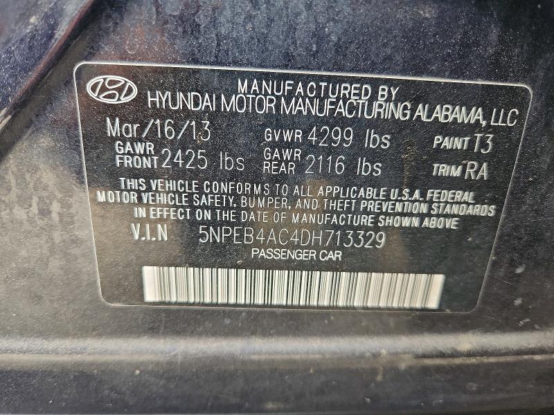 2013 Hyundai Sonata მანქანა იყიდება აუქციონზე, vin: 5NPEB4AC4DH713329, აუქციონის ნომერი: 61698156