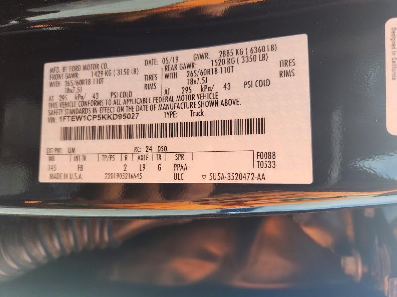 61715626 :رقم المزاد ، 1FTEW1CP5KKD95027 vin ، 2019 Ford F150 مزاد بيع