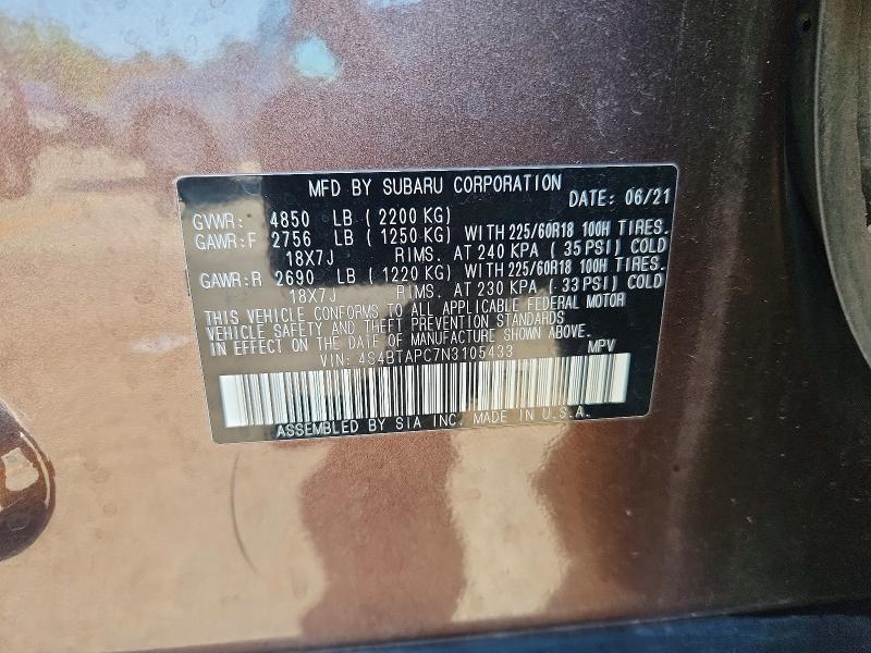 Продаж на аукціоні авто 2022 Subaru Outback, vin: 4S4BTAPC7N3105433, номер лоту: 61776306