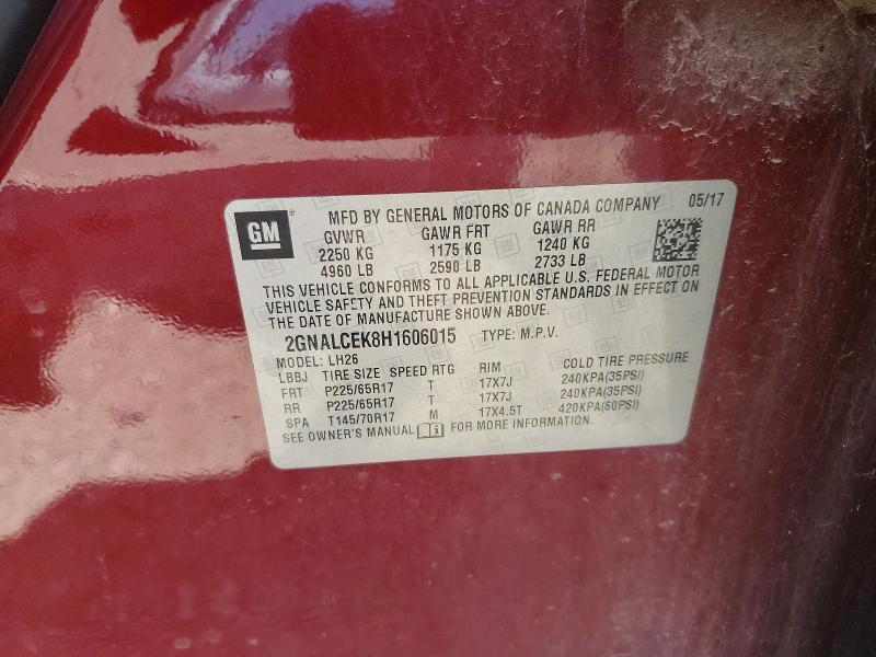 60049076 :رقم المزاد ، 2GNALCEK8H1606015 vin ، 2017 Chevrolet Equinox مزاد بيع