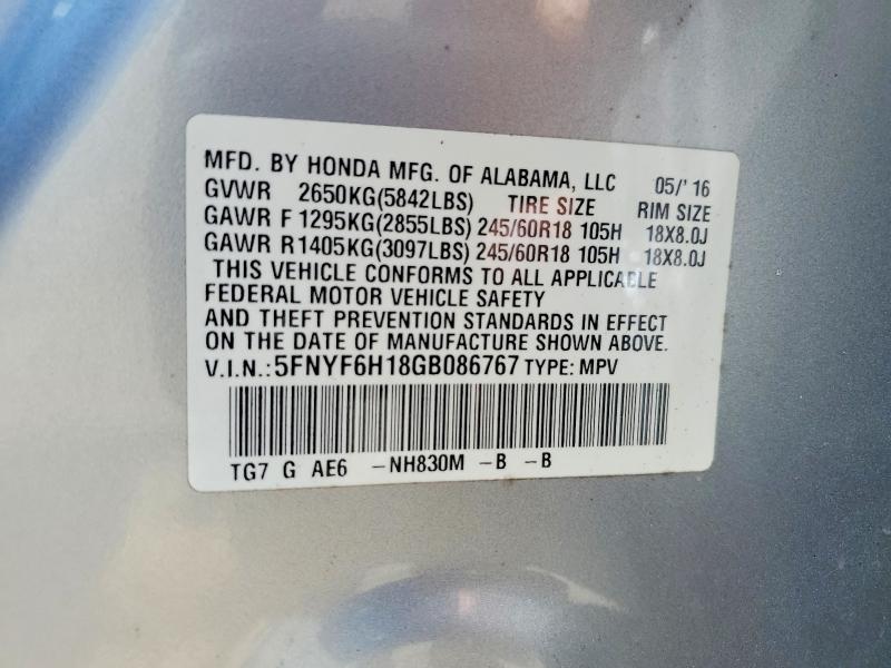 2016 Honda Pilot მანქანა იყიდება აუქციონზე, vin: 5FNYF6H18GB086767, აუქციონის ნომერი: 59811556