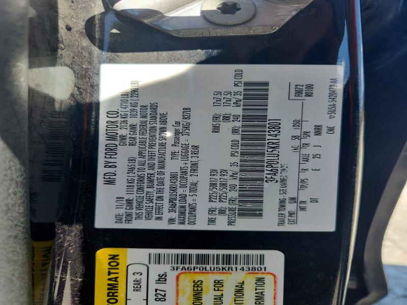 61027226 :رقم المزاد ، 3FA6P0LU5KR143801 vin ، 2019 Ford Fusion مزاد بيع