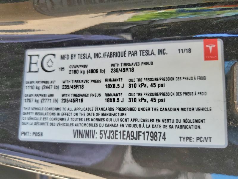 60571406 :رقم المزاد ، 5YJ3E1EA9JF179874 vin ، 2018 Tesla Model 3 مزاد بيع