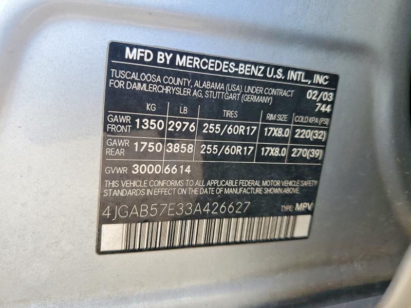 62356976 :رقم المزاد ، 4JGAB57E33A426627 vin ، 2003 Mercedes-benz Ml مزاد بيع