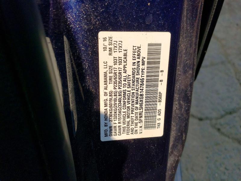 59744566 :رقم المزاد ، 5FNRL5H6XGB147846 vin ، 2016 Honda Odyssey مزاد بيع