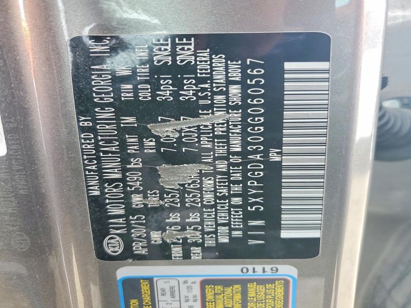 62960366 :رقم المزاد ، 5XYPGDA30GG060567 vin ، 2016 Kia Sorento مزاد بيع