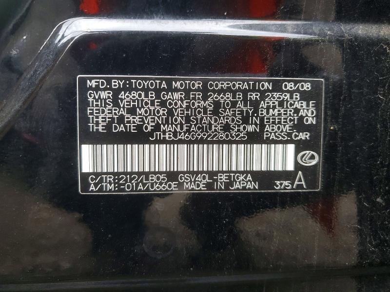 Aukcja sprzedaży 2009 Lexus Es, vin: JTHBJ46G992280325, numer aukcji: 62454686