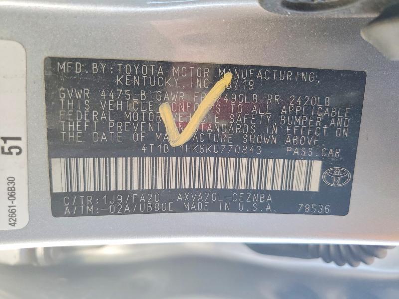 Продаж на аукціоні авто 2019 Toyota Camry, vin: 4T1B11HK6KU770843, номер лоту: 60170316