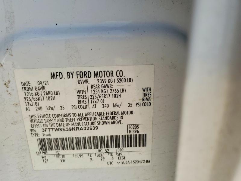 2022 Ford Maverick მანქანა იყიდება აუქციონზე, vin: 3FTTW8E39NRA02639, აუქციონის ნომერი: 61925156