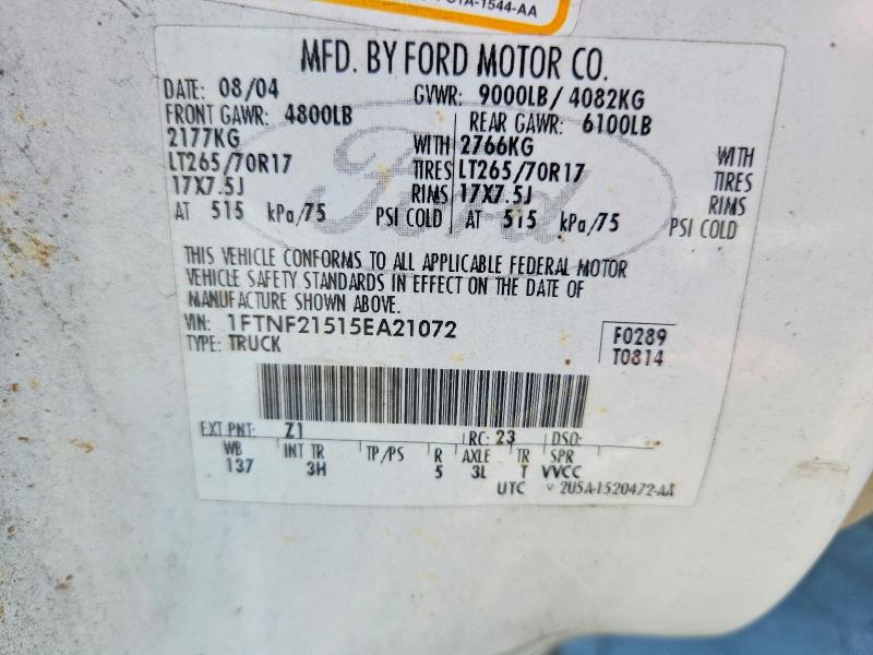 2005 Ford F250 მანქანა იყიდება აუქციონზე, vin: 1FTNF21515EA21072, აუქციონის ნომერი: 62460626
