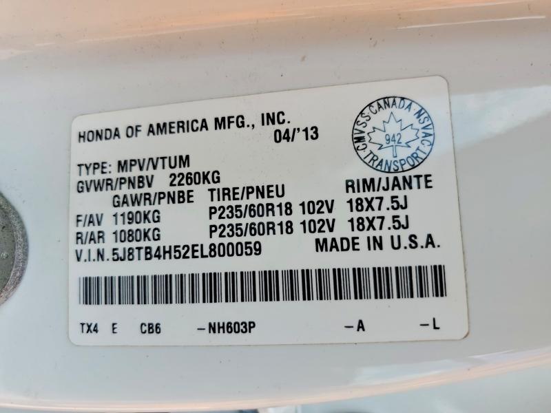 2014 Acura Rdx მანქანა იყიდება აუქციონზე, vin: 5J8TB4H52EL800059, აუქციონის ნომერი: 60137516