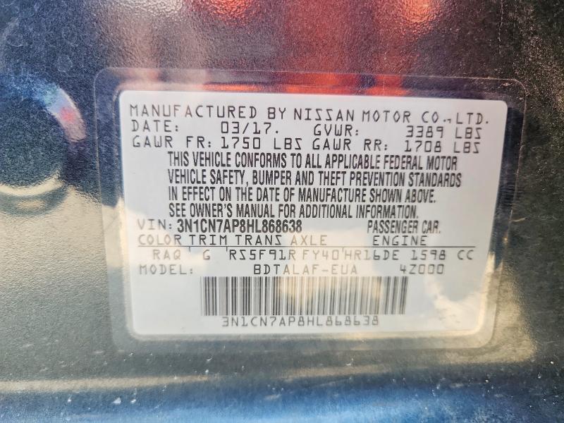 Aukcja sprzedaży 2017 Nissan Versa, vin: 3N1CN7AP8HL868638, numer aukcji: 60380426