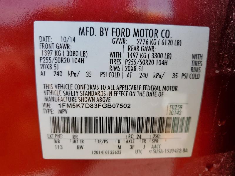61785826 :رقم المزاد ، 1FM5K7D83FGB07502 vin ، 2015 Ford Explorer مزاد بيع