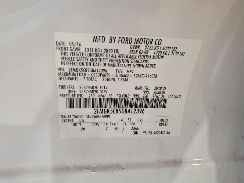 61961996 :رقم المزاد ، 2FMGK5C85GBA12396 vin ، 2016 Ford Flex مزاد بيع