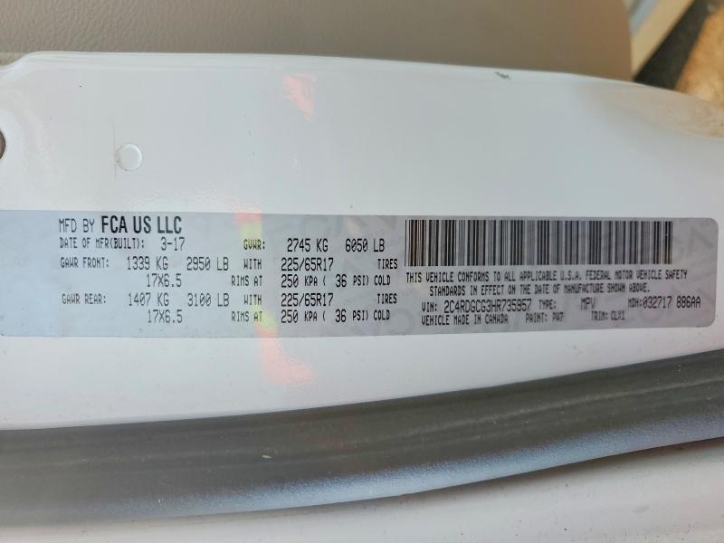 2017 Dodge Grand Caravan მანქანა იყიდება აუქციონზე, vin: 2C4RDGCG3HR735957, აუქციონის ნომერი: 62819006