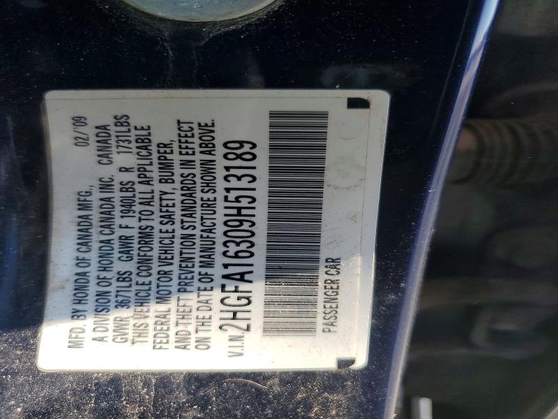 60998976 :رقم المزاد ، 2HGFA16309H513189 vin ، 2009 Honda Civic مزاد بيع