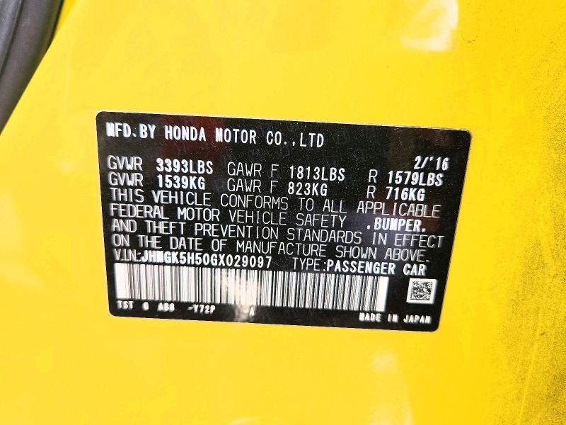 Aukcja sprzedaży 2016 Honda Fit, vin: JHMGK5H50GX029097, numer aukcji: 62066006