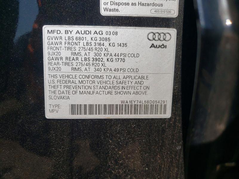 62156436 :رقم المزاد ، WA1EY74L58D054291 vin ، 2008 Audi Q7 مزاد بيع