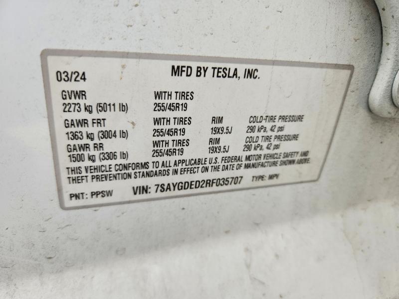 61666016 :رقم المزاد ، 7SAYGDED2RF035707 vin ، 2024 Tesla Model Y مزاد بيع