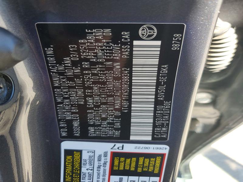 Продажа на аукционе авто 2013 Toyota Camry, vin: 4T4BF1FK5DR298342, номер лота: 62303786