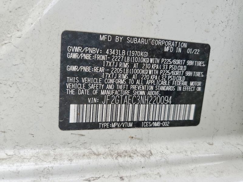 Aukcja sprzedaży 2022 Subaru Crosstrek, vin: JF2GTAEC3NH220094, numer aukcji: 85962535