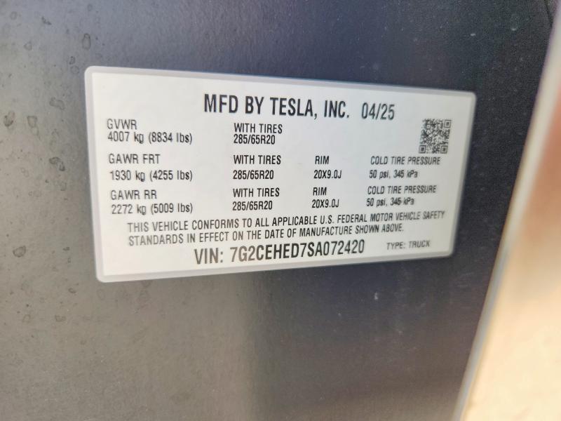 60715036 :رقم المزاد ، 7G2CEHED7SA072420 vin ، 2025 Tesla Cybertruck مزاد بيع