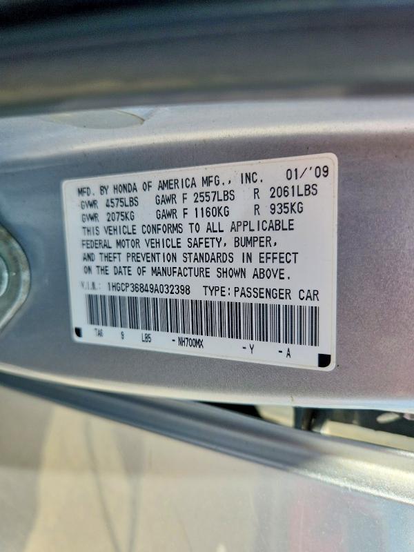 61673876 :رقم المزاد ، 1HGCP36849A032398 vin ، 2009 Honda Accord مزاد بيع