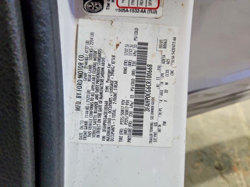 Продажа на аукционе авто 2012 Ford Fusion, vin: 3FAHP0CG6CR100668, номер лота: 58478456
