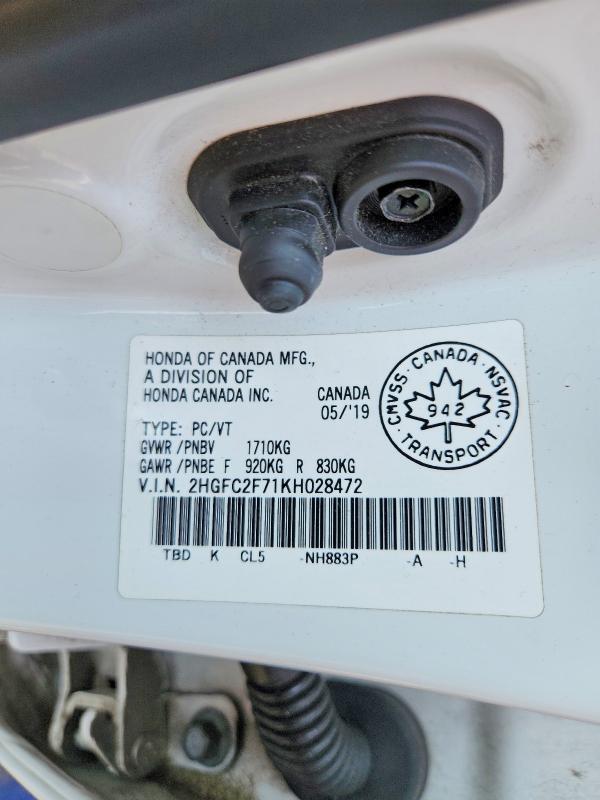 Продаж на аукціоні авто 2019 Honda Civic, vin: 2HGFC2F71KH028472, номер лоту: 59138456