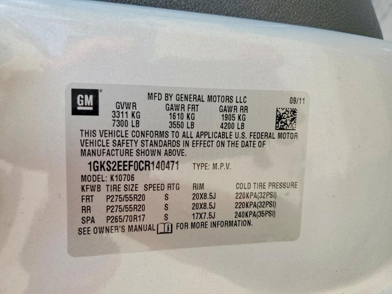 60785016 :رقم المزاد ، 1GKS2EEF0CR140471 vin ، 2012 Gmc Yukon مزاد بيع