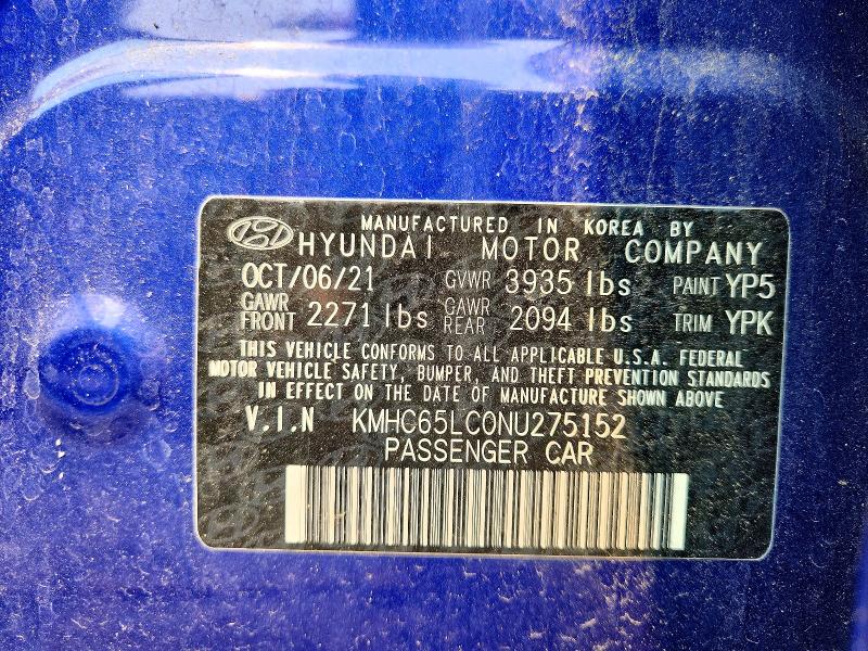 2022 Hyundai Ioniq მანქანა იყიდება აუქციონზე, vin: KMHC65LC0NU275152, აუქციონის ნომერი: 60788656
