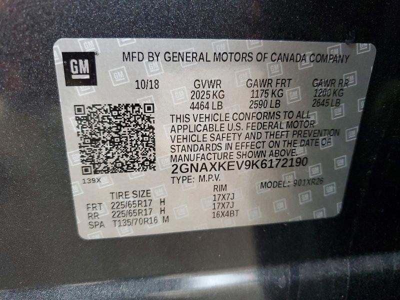 Aukcja sprzedaży 2019 Chevrolet Equinox, vin: 2GNAXKEV9K6172190, numer aukcji: 62933996