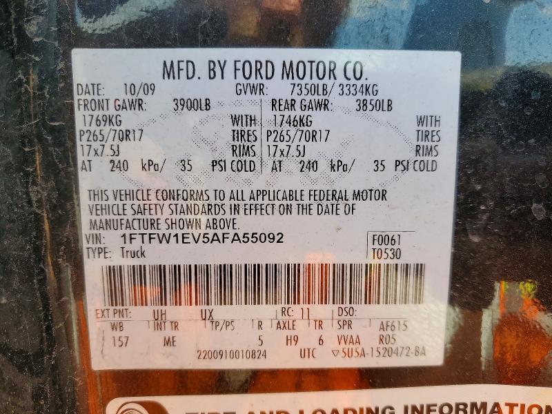 62907596 :رقم المزاد ، 1FTFW1EV5AFA55092 vin ، 2010 Ford F150 مزاد بيع