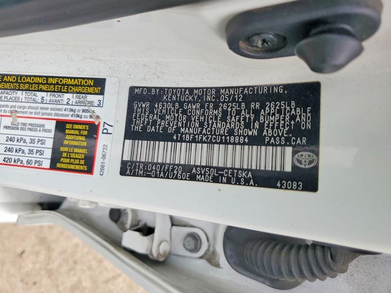 2012 Toyota Camry მანქანა იყიდება აუქციონზე, vin: 4T1BF1FK7CU118884, აუქციონის ნომერი: 60640366