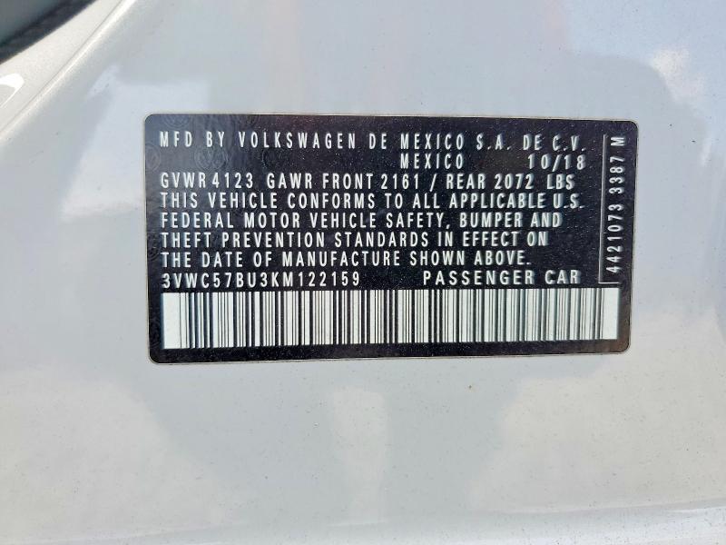 2019 Volkswagen Jetta მანქანა იყიდება აუქციონზე, vin: 3VWC57BU3KM122159, აუქციონის ნომერი: 62290856
