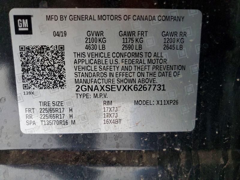 61050896 :رقم المزاد ، 2GNAXSEVXK6267731 vin ، 2019 Chevrolet Equinox مزاد بيع