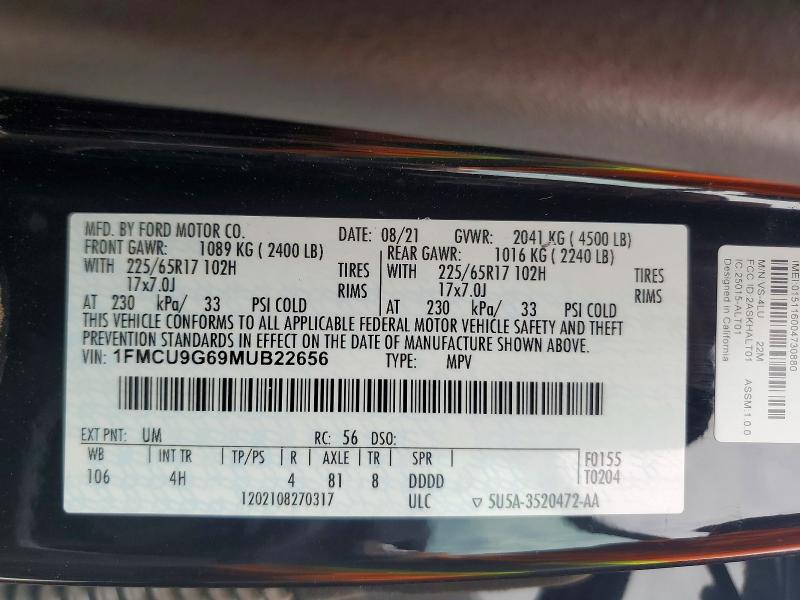 Продаж на аукціоні авто 2021 Ford Escape, vin: 1FMCU9G69MUB22656, номер лоту: 59102716
