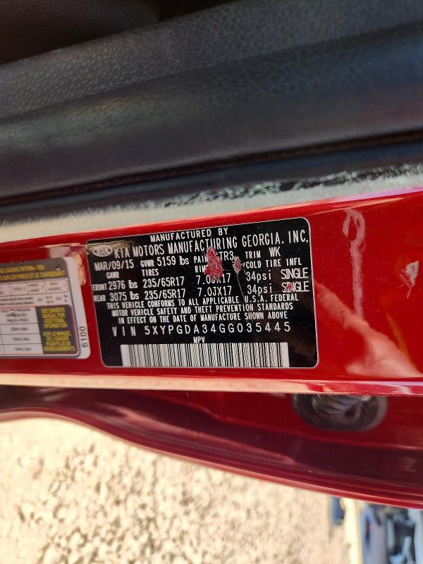 59642366 :رقم المزاد ، 5XYPGDA34GG035445 vin ، 2016 Kia Sorento مزاد بيع