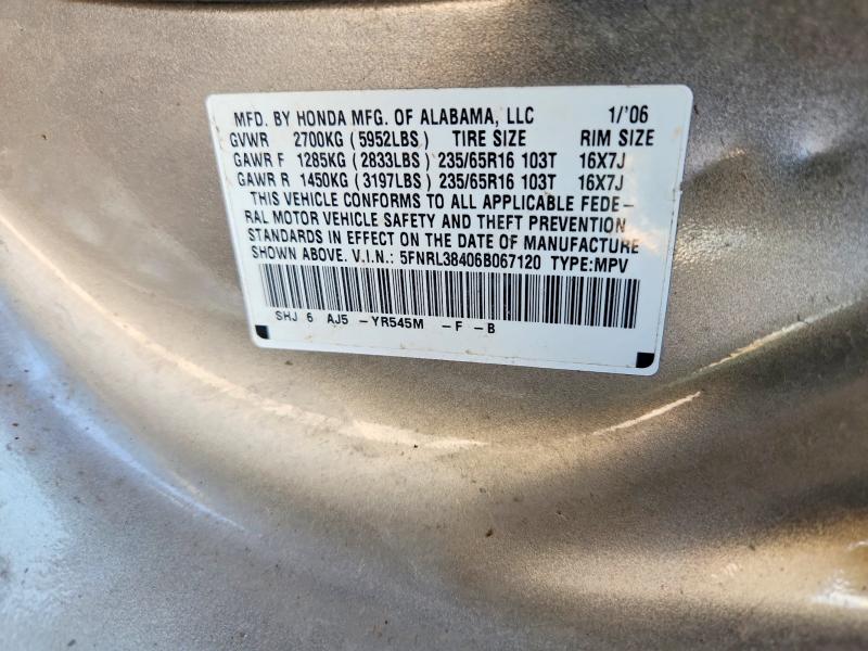 2006 Honda Odyssey მანქანა იყიდება აუქციონზე, vin: 5FNRL38406B067120, აუქციონის ნომერი: 60585136