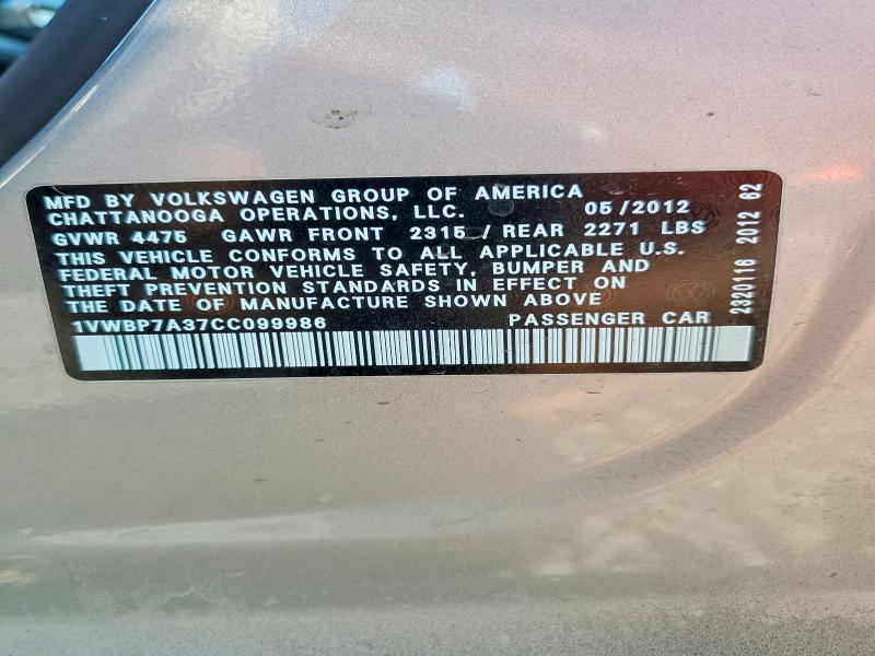 2012 Volkswagen Passat მანქანა იყიდება აუქციონზე, vin: 1VWBP7A37CC099986, აუქციონის ნომერი: 63027946
