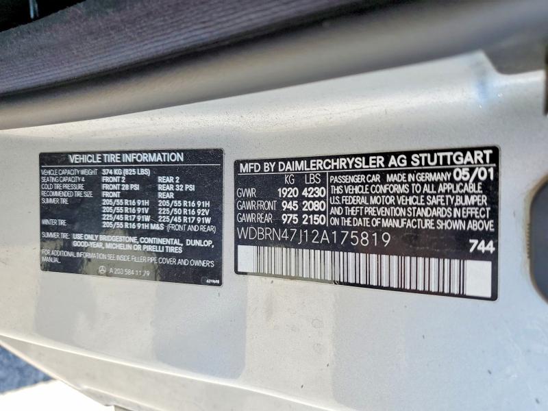 Продаж на аукціоні авто 2002 Mercedes-benz C, vin: WDBRN47J12A175819, номер лоту: 62665746