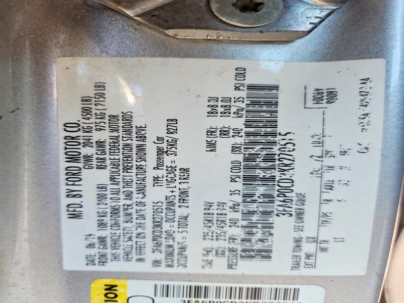 2019 Ford Fusion მანქანა იყიდება აუქციონზე, vin: 3FA6P0CD3KR270515, აუქციონის ნომერი: 60504406
