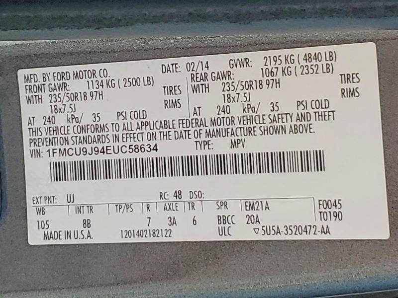 61058186 :رقم المزاد ، 1FMCU9J94EUC58634 vin ، 2014 Ford Escape مزاد بيع