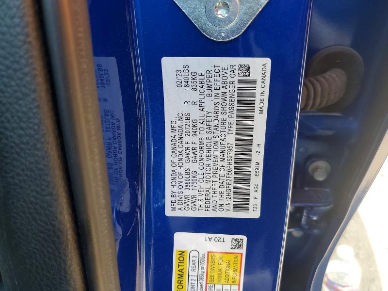 62296556 :رقم المزاد ، 2HGFE2F50PH527957 vin ، 2023 Honda Civic مزاد بيع