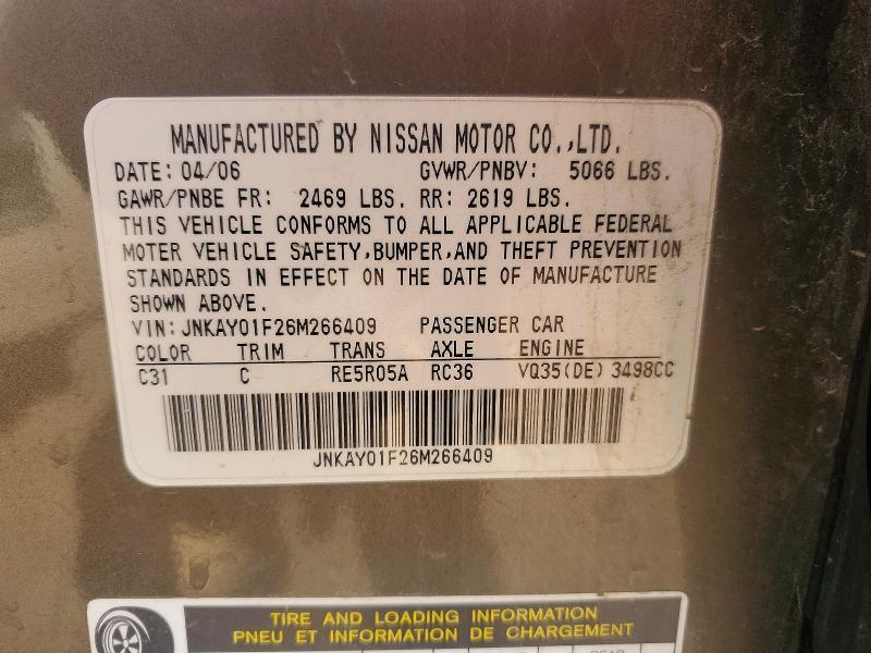 59969266 :رقم المزاد ، JNKAY01F26M266409 vin ، 2006 Infiniti M35 مزاد بيع