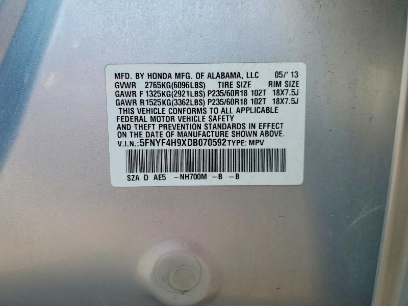 60428106 :رقم المزاد ، 5FNYF4H9XDB070592 vin ، 2013 Honda Pilot مزاد بيع