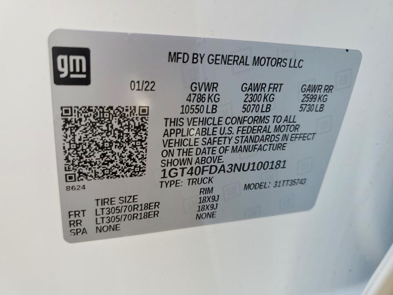 2022 Gmc Hummer Pickup მანქანა იყიდება აუქციონზე, vin: 1GT40FDA3NU100181, აუქციონის ნომერი: 60990286